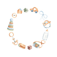 Obraz premium Baby shower wreath, circular frame for a newborn boy. Hand drawn illustration in pastel colors of kids toys and accessories. For greeting birthday cards, gender reveal and its a boy party invitations.