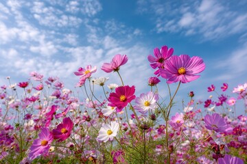 Vibrant cosmos flowers bloom at Ansoung farm in Asan South Korea with a backdrop of white clouds and a blue sky
