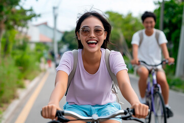 Obraz premium Young Asian couple riding bicycles, smiling and euphoric