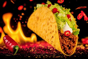 Hot taco captured mid-air with dynamic energy. 