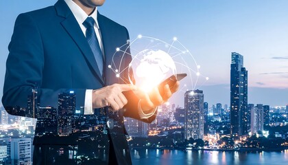 Businessman interacts with global network on mobile
