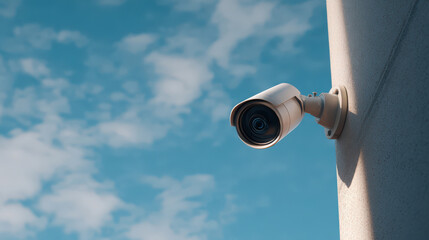 security camera mounted on a modern structure is set against a clear blue sky with scattered clouds, symbolizing vigilance and technological oversight