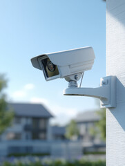 modern outdoor security camera mounted on a wall monitors a suburban neighborhood under a clear blue sky, symbolizing safety and surveillance