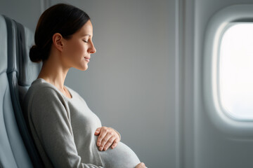 pregnant woman sits peacefully on an airplane, cradling her belly while gazing out the window, capturing a serene moment of travel and anticipation