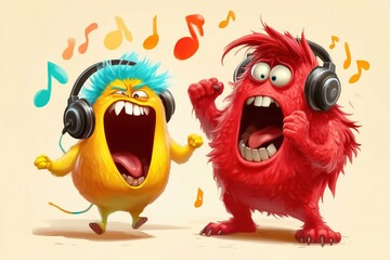 Happy colorful monster listens to music in headphones