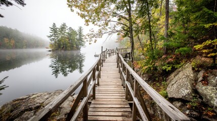 Wooden boardwalk extends across a tranquil lake in autumn mist.