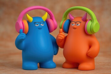 Grumpy colorful monster listens to music in headphones