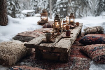 Snowy winter landscape with wooden table decorated with candle lanterns and mugs of hot beverage, surrounded by soft cushions and rugs, creating cozy outdoor picnic atmosphere in forest