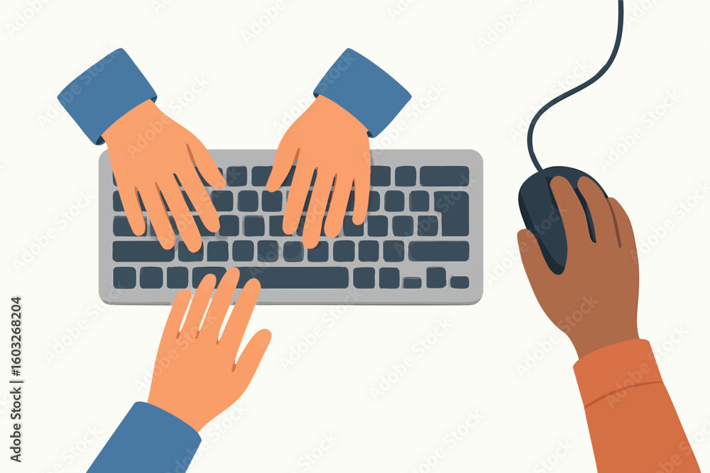 Poster flat vector hands typing on shared keyboard and mouse, digital co-working, isolated on white