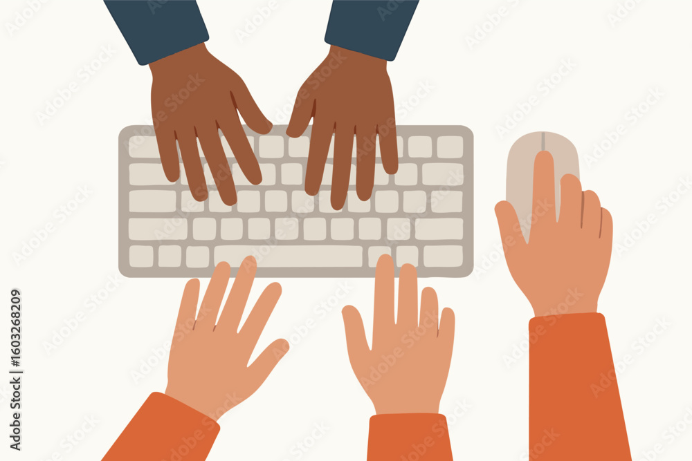 Poster flat vector hands typing on shared keyboard and mouse, digital co-working, isolated on white
