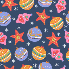 Bright Christmas ornament pattern with decorative stars and colorful balls on dark blue background for festive decoration.