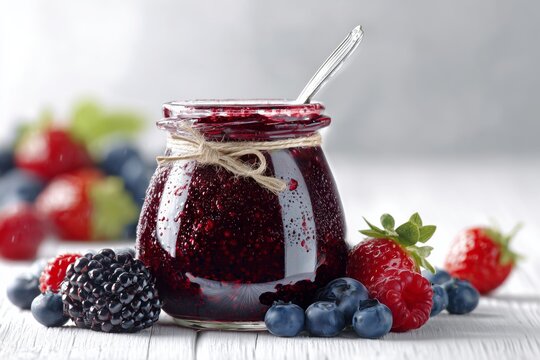 Fresh berry compote in a glass jar surrounded by assorted berries on a white background