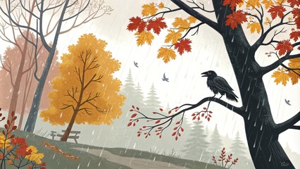 Autumn hill, rain, lonely black crow, branch, yellowed leaves, falling leaves, background, blurry autumn forest, rainy weather