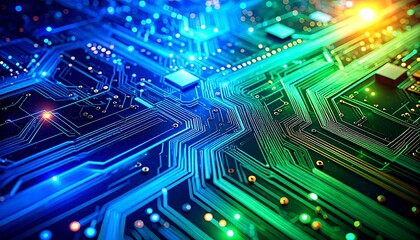 Obraz premium Close-up of vibrant circuit board with glowing pathways