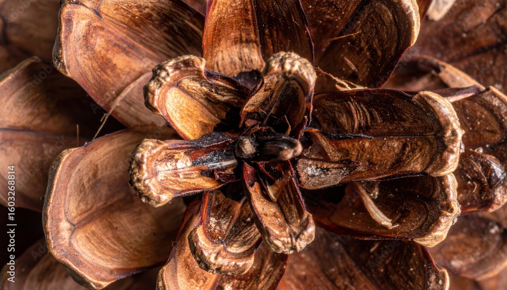 Poster detailed macro view of a brown pinecone scales and seed structure