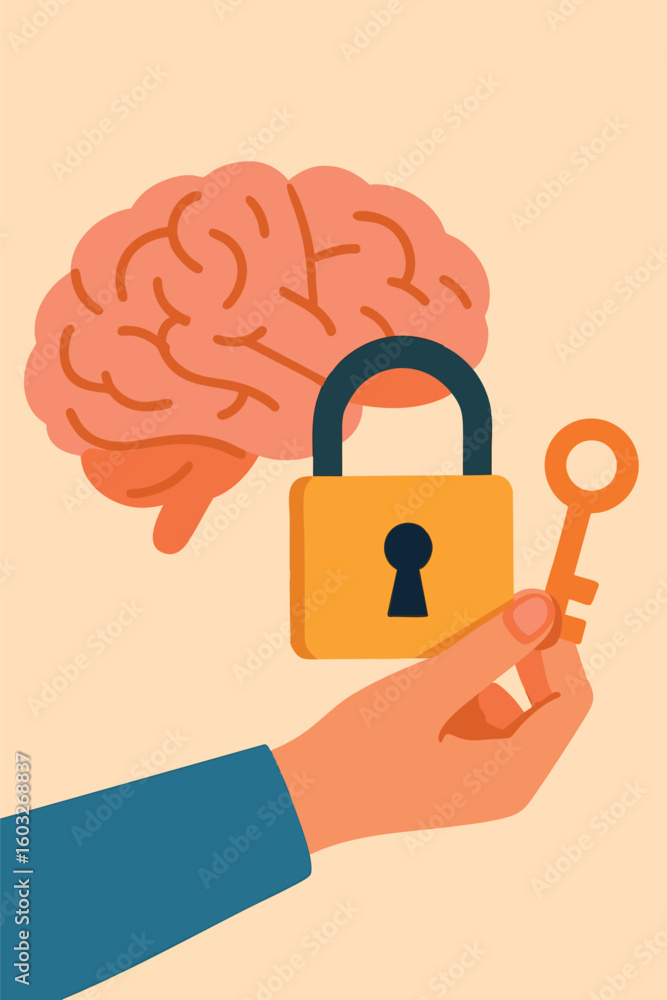 Poster flat vector illustration of brain with padlock and key being held, symbol of unlocking trauma or hel