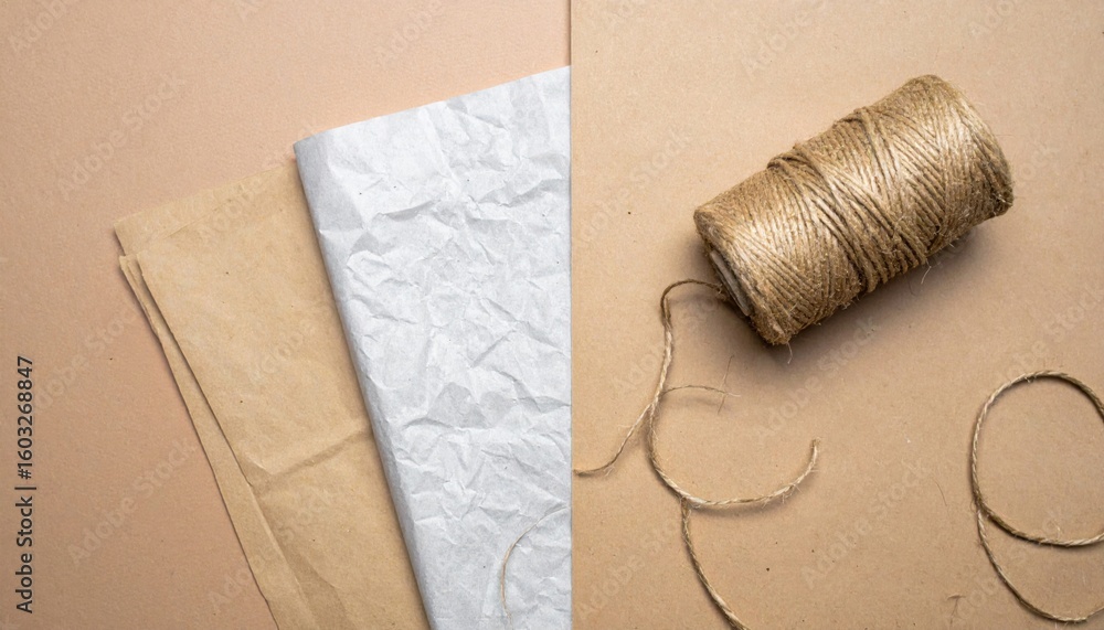 Poster Neutral Background with Paper Sheets and Jute String Roll for Crafting Projects