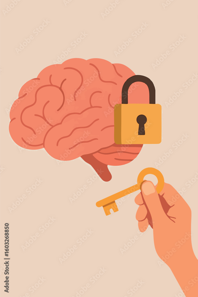 Poster flat vector illustration of brain with padlock and key being held, symbol of unlocking trauma or hel