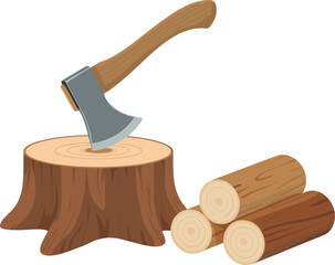 Cartoon axe in tree stump, chopped wood, firewood logs, forest tools, lumberjack theme, rustic scene, outdoor activity, camping, nature, timber