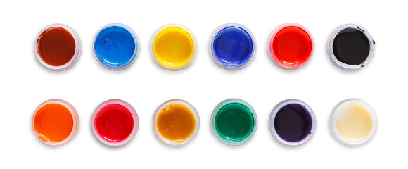 Color gouache jars on white background, isolated, top view, copy space
