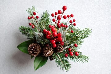 New Year's composition of fir branches, red berries and cones on white background, symbolizing coziness, holiday and beauty of winter decor