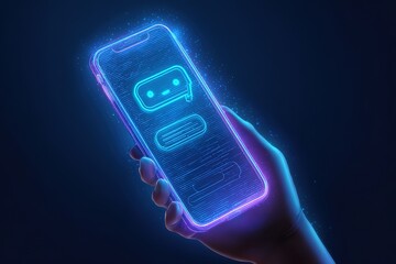 Hand holding smartphone with bright neon chatbot or message icon on screen symbolizing concept of communication artificial intelligence technology support and innovation