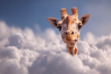 Giraffe head peeking out fluffy clouds blue sky creating fairytale surreal image dream freedom flight