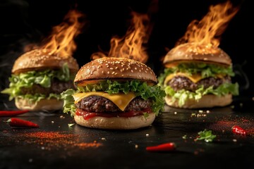Delicious burger on a black background with fire.