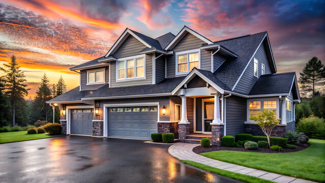 Luxurious modern suburban home with a dramatic colorful sunset sky and wet driveway - Powered by Adobe