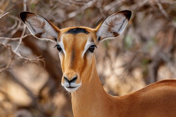 Fototapeta premium The impala features a reddish brown coat with white fur in the ears above the eyes and on the chin throat belly and rear marked by a thin black line