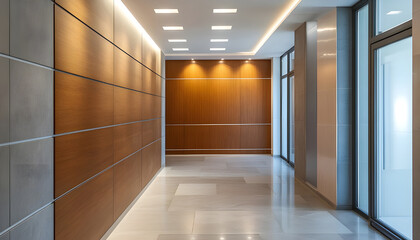 Obraz premium Modern wall paneling with recessed lighting.