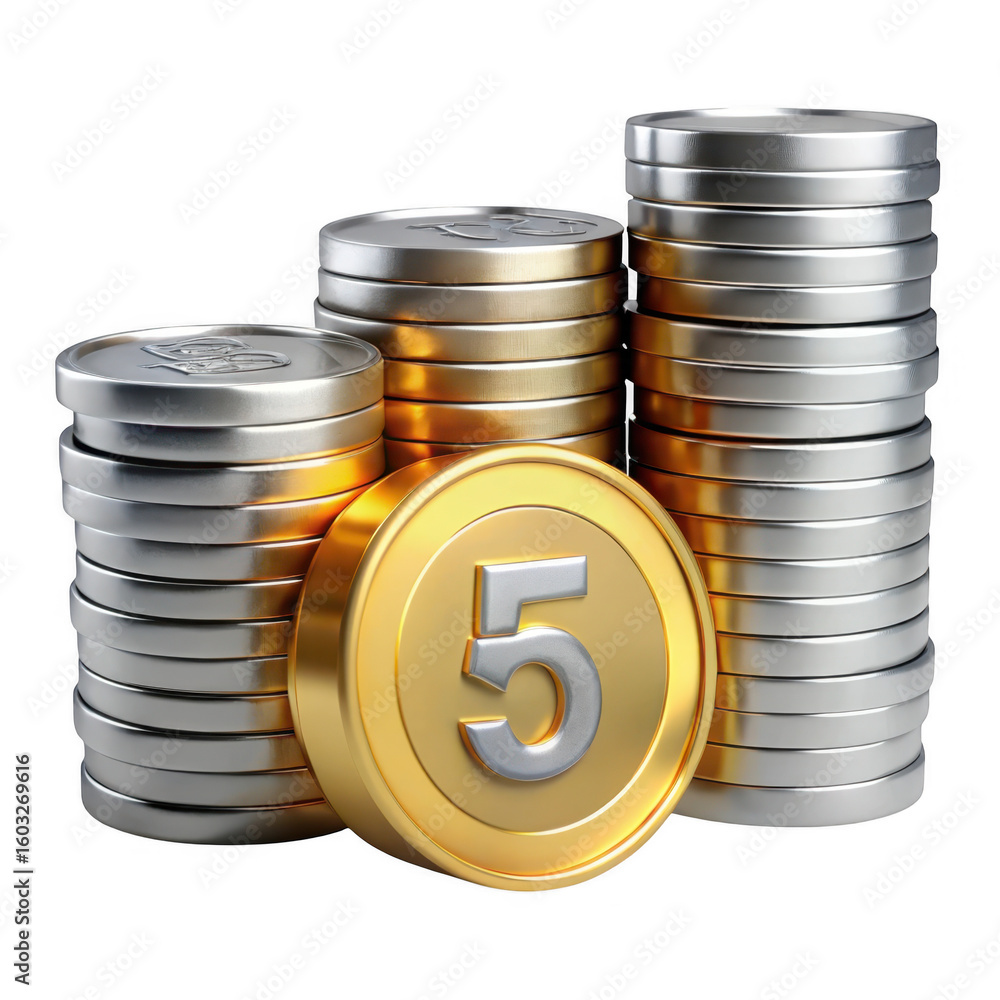 Poster Stacks of Coins with Number Five on transparent background