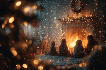 Family sitting by fireplace and Christmas tree admiring lights and falling snow creating magical festive and cozy atmosphere of winter holidays