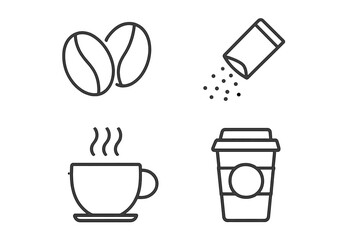 Coffee line icon set. Simple thin outline vector symbols. Collection for cafe menu, coffee shop, mobile app. Icons of coffee bean, hot cup, takeaway mug, sugar packet.