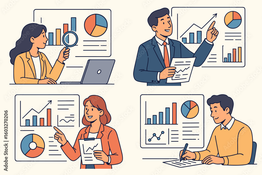 Poster analytics work collection. set of illustrations with businesspeople working with graphs, diagrams an