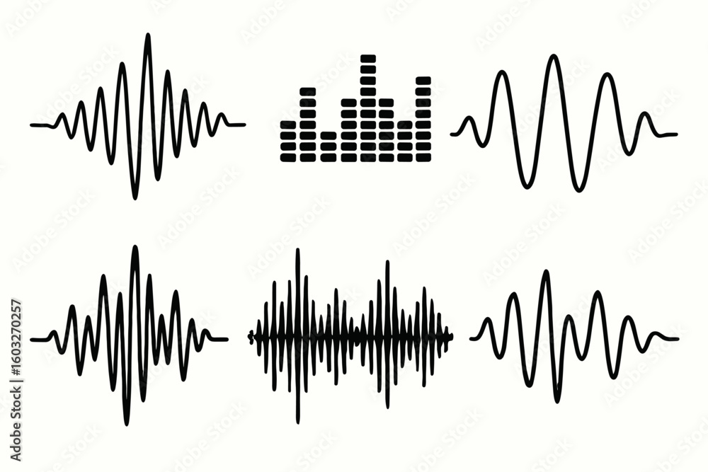 Poster sound wave vector set. music equalizer. audio waveform frequency. digital voice visualisation. radio