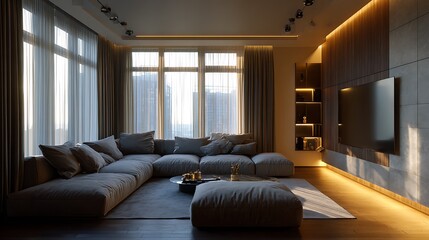 A room with an L-shaped sofa, a large screen, and LED ambient lighting