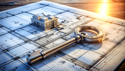 Golden Key Resting on Architectural Blueprint