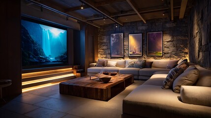 A room with an L-shaped sofa, a large screen, and LED ambient lighting