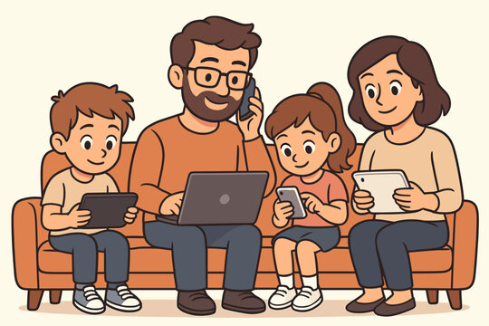 Cartoon family on sofa using gadgets. Parents and children with phones, laptop, tablet. Technology addiction, screen time, social media isolation, phubbing concept.