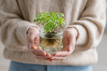 Human hands carefully holding transparent glass container with small plant growing in water with visible roots symbolizing care growth ecology nature and sustainable development