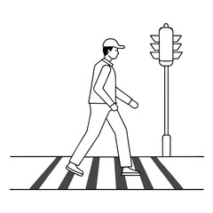 Continuous one line drawing a male worker crosses the road on the zebra crossing after returning from work. There's a traffic light there too. Single line draw design vector graphic illustration.