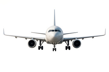 Obraz premium Front view of a modern commercial passenger jet airplane with landing gear down against a white background