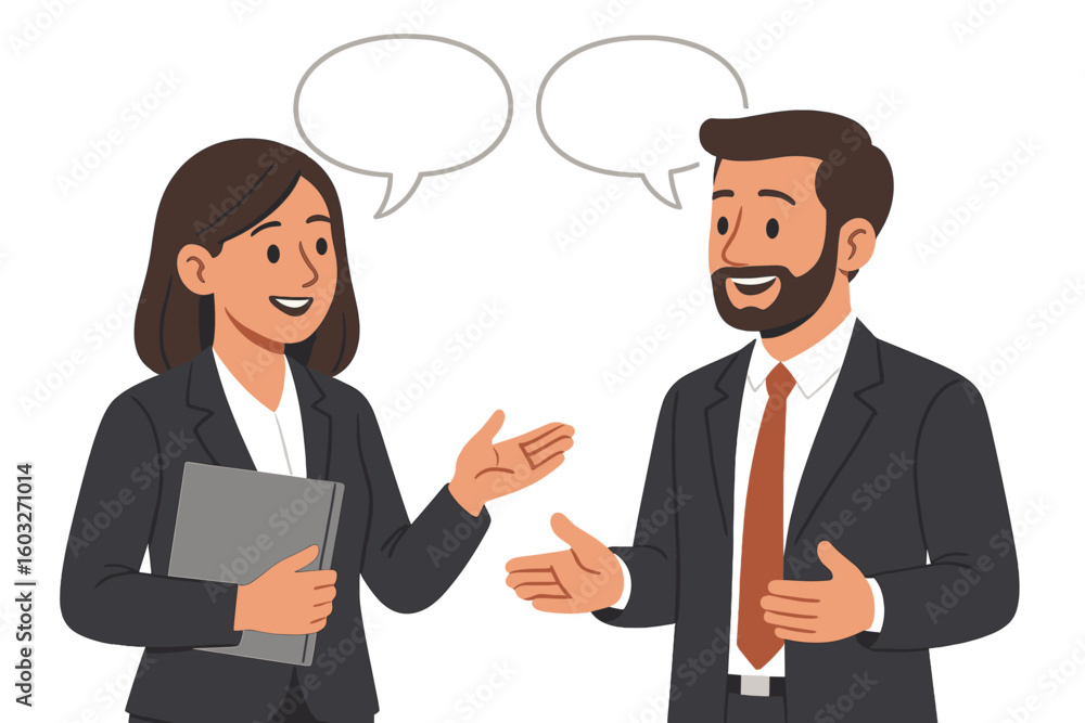 Poster business man and woman talking. colleagues having a conversation about work. office workers discussi