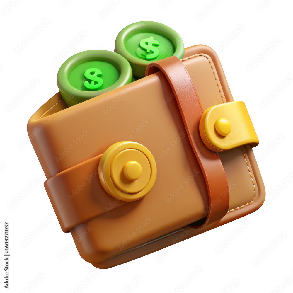 Poster wallet with dollar coins 3d render on transparent background