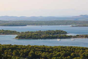 kornati islands skyline in blue ocean, viewpoint veli vrh, Murter, Croatia