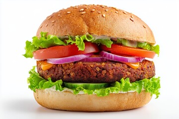 Delicious vegan quinoa burger patty garnished with fresh vegetables on a clean white background showcasing a healthy meal option