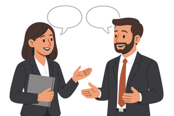 Business man and woman talking. Colleagues having a conversation about work. Office workers discussing a project. Teamwork and communication concept with speech bubbles.