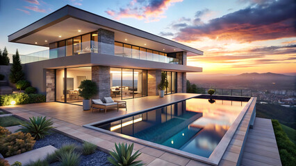Luxurious modern villa with infinity pool overlooking a vibrant sunset cityscape and mountains