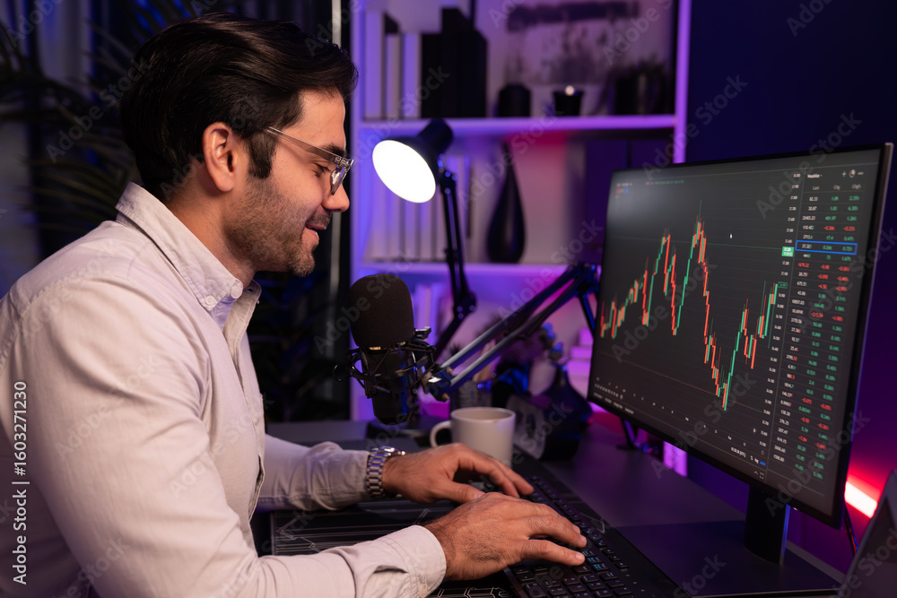 Poster smart trader businessman concentrating on dynamic stock exchange investment on pc and laptop showing